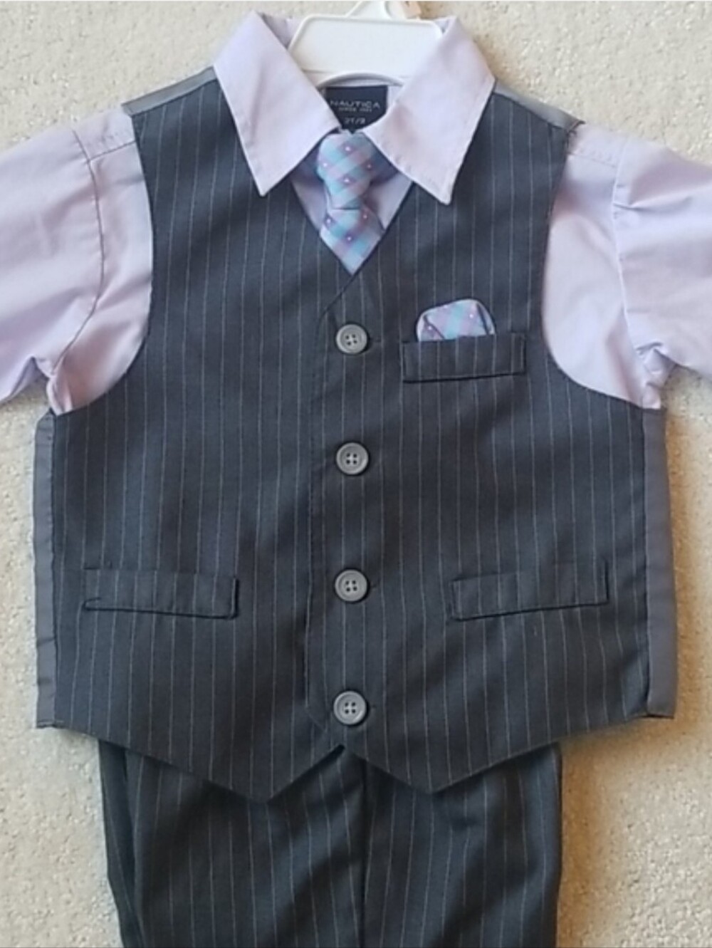 Nautica Boys 4 Piece Suit Set: Gray Pinstripe Vest, Pants, Shirt & Tie